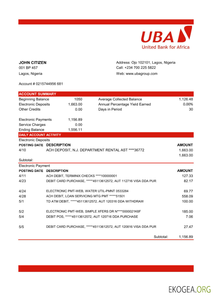 Relevé bancaire Nigeria UBA au format Excel et PDF